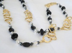 New Sterling Silver 925 Gold Over Black Stone Chunky Statement Necklace 36″