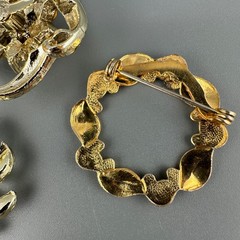 Vintage Wreath Brooch Lot Gold Tone Faux Seed Pearl Pink Stones Textured Brushed