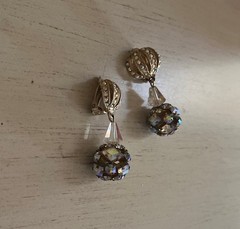 Vintage Aurora Borealis Crown Cage Ball Drop Gold Chandelier Clip On Earrings