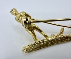 Vintage Brooch Gold Tone Water Ski Skier with Boat Faux Pearl Pin MCM