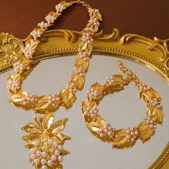 Vintage Style Pearl Jewelry Set Gold Leaf Necklace Bracelet Brooch & Earrings