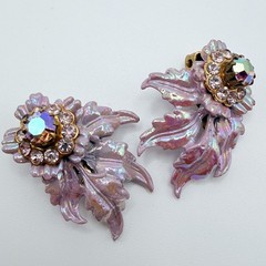Selini Pearlescent Pink Rhinestone Brooch & Clip-On Earrings AB Crystal Vintage