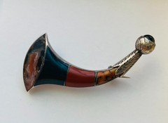 Antique Scottish Agate Horn Brooch on Sterling Silver Base
