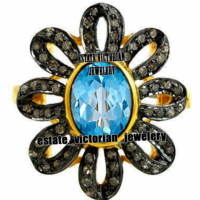 Vintage 1.35Ctw Rose Cut Diamond Blue Topaz Studded Silver Gorgeous Ring Jewelry