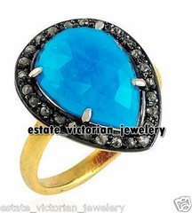 Vintage 0.68ctw Rose Cut Diamond Turquoise Studded Silver Stunning Ring Jewelry