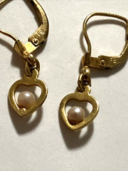 Vintage Gold Precious Metal W Germany Open Heart Pearl Dingle Earrings Signed FB