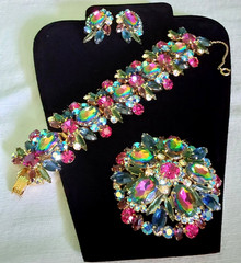 Juliana Rhinestone BRACELET BROOCH EARRING SET Book Pcs Watermelon Vitrail Rare