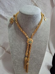 Vintage Ornate Gold Lariat Twisted Necklace With Turquoise Station & Clasp