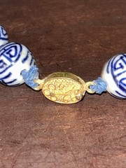 Vintage Chinese Blue & White Ceramic Beads Hand Knotted Longevity Necklace 26”