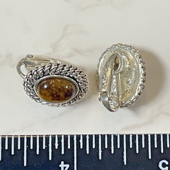 Vintage Avon Oval Silver Tone Setting & Tiger’s Eye Cabochons Clip on Earrings