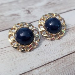 Vintage Stud Earrings For Pierced Ears Dark Blue with Chain Like Halo 1.25″