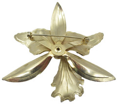 Orchid Flower Brooch Pin Enamel Green White and Rhinestones Vintage