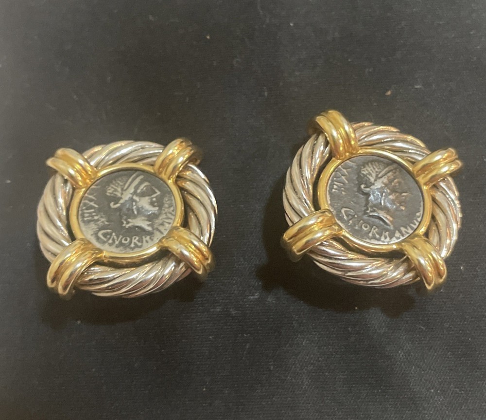 Vintage Erwin Pearl Two Tone Silver Gold Cable Rope Roman Coin Clip Earrings