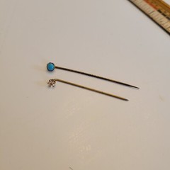 Vtg. Antique Goldplate Stick Pins Turquoise Color Faux Diamond Lapel Hat Pins