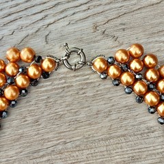 Triple Layer Golden Faux Pearl Beaded Statement Necklace Short