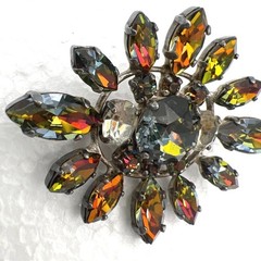 Vintage Watermelon Rhinestone Brooch Pin Faceted Sunburst Silver Tone
