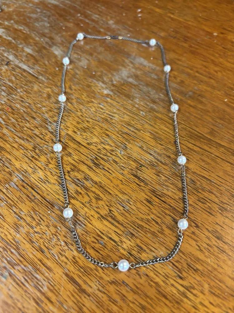 Vintage Station Chain Necklace, Gold Tone And Faux Pearl, Approximately 22”