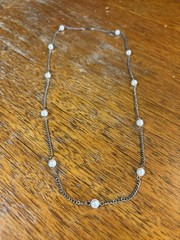 Vintage Station Chain Necklace, Gold Tone And Faux Pearl, Approximately 22”