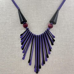 Vintage 80s Purple & Black Waterfall Spiked Wooden Beaded Bib Necklace Jewelry
