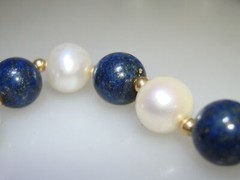 VINTAGE 14K GOLD LAPIS LAZULLI BEAD & CULTURED PEARL NECKLACE!18 1/2″ ESTATE