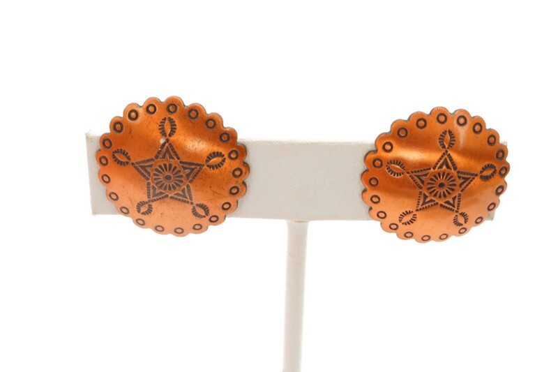 Vintage Earrings Copper Etched Concho