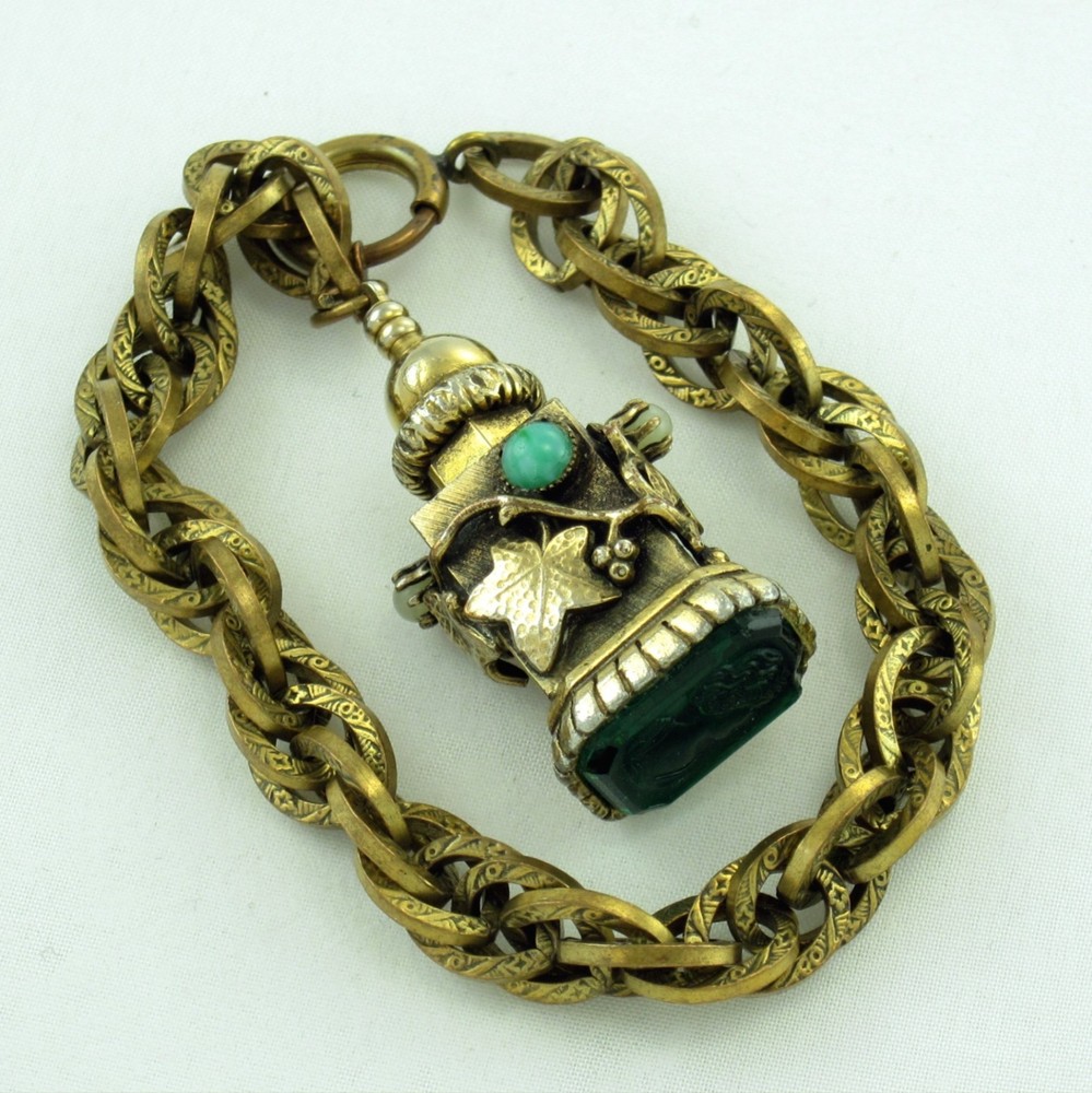 Revival Perfume Holder Green Intaglio Ornate Charm Bracelet; Charitable Donation