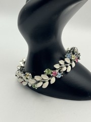 Lisner pastel blue pink green rhinestone white enamel flower leaves bracelet