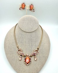 Vintage 50’s Hollycraft set Moonglow glass pink ab crystals lavalier neckla