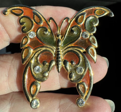 R. Steinmertz SFJ Butterfly Brooch Lapel Pin Goldtone Stained Glass 1970’s