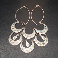 Vintage Alpaca MEXICO Cresent Moon Bib Necklace Abalone And White Enamel. 17.883