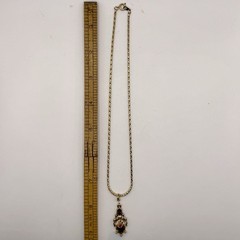 Vintage 1928 Gold Tone Rose Pendant Necklace Amethyst Purple Rhinestone