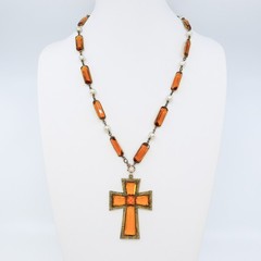 Rare Antique Czech Amber Glass Latin Cross Necklace Blown Glass Pearls 1920s