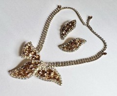 1950s-1960s Vintage Topaz & Aurora Borealis Rhinestone Necklace Earrings Set