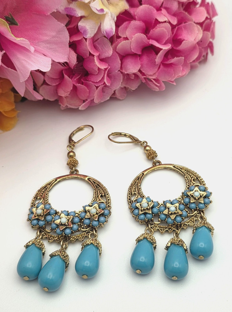 Vintage Moroccan Style Filigree Drop Earrings Blue Bead Gold Tone Dangle 3.5 in