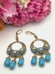 Vintage Moroccan Style Filigree Drop Earrings Blue Bead Gold Tone Dangle 3.5 in