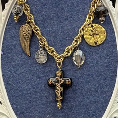 Vintage Brassy Bronzy Necklace & Charms of Mixed Metals: Cross, Angel Wing, OOAK