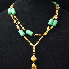 Vtg Asian Inspired 40″ Necklace Gold Tone Y Tassel Lariat Green Faux Jade Beads