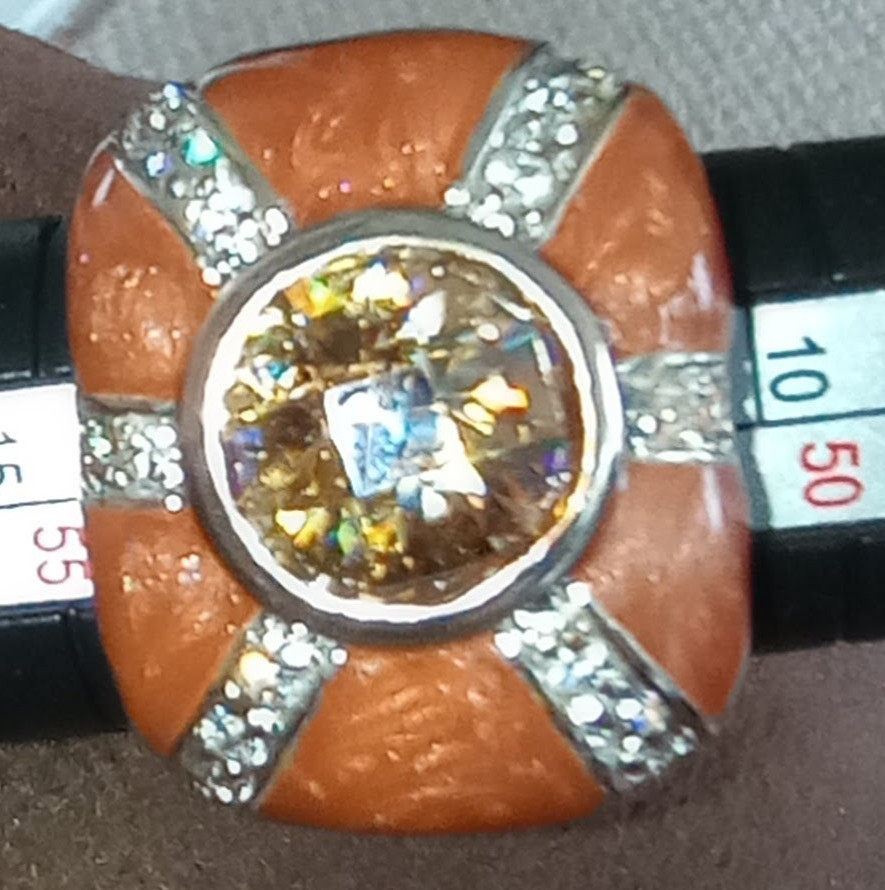 Ring 18kt gold plate, bezel set amber glass and cz ring, size 6