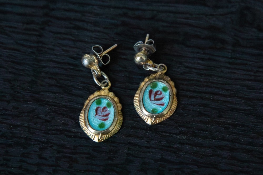 Vintage Art Deco Style Sky Blue Guilloche Enameled Floral Motif Dangle Earrings