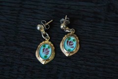 Vintage Art Deco Style Sky Blue Guilloche Enameled Floral Motif Dangle Earrings