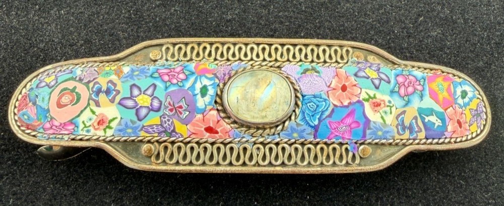 Vintage Sterling Silver Barrette with Polymer Clay Millefiori & Moonstone