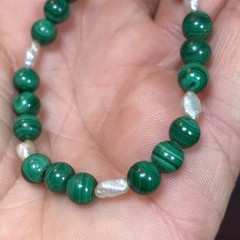 VTG Round Malachite Beads (No Clasp) Fresh Water Pearls Segment Bracelet 6-3/8”