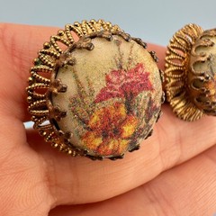 Vintage West Germany Earrings Sugared Florals Gold Tone Filigree Round Clip On