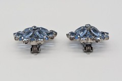 Blue Navette Rhinestone Bar Brooch And Clip On Earrings Open Back