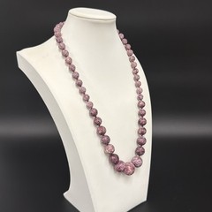 Vintage Graduated Lepidolite Stone Beaded Necklace, Barrel Closure, Knotted