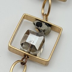 Art Deco Multi Gemstone Charm Square Frame Link Chain Necklace Gold Tone 21″ Adj