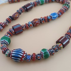 Antique Venetian MultiColor Mix Chevron Glass Beads Strands Necklace