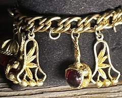 1950’s Gold tone Red Glass Gripoix charm bracelet 7.5 charms measure 1″ x 0.66″