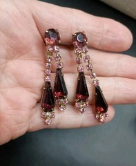 Victorian Revival Pink Purple Rhinestone Earrings Gold Tone Tassel Screw Back