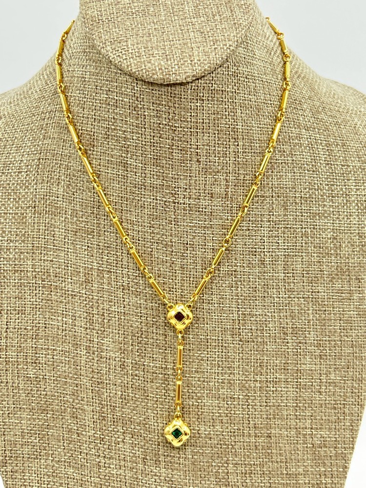 Craft by Gem-Craft VTG Lariat Necklace Gold Tone Bar Line 17in Faux Gemstones